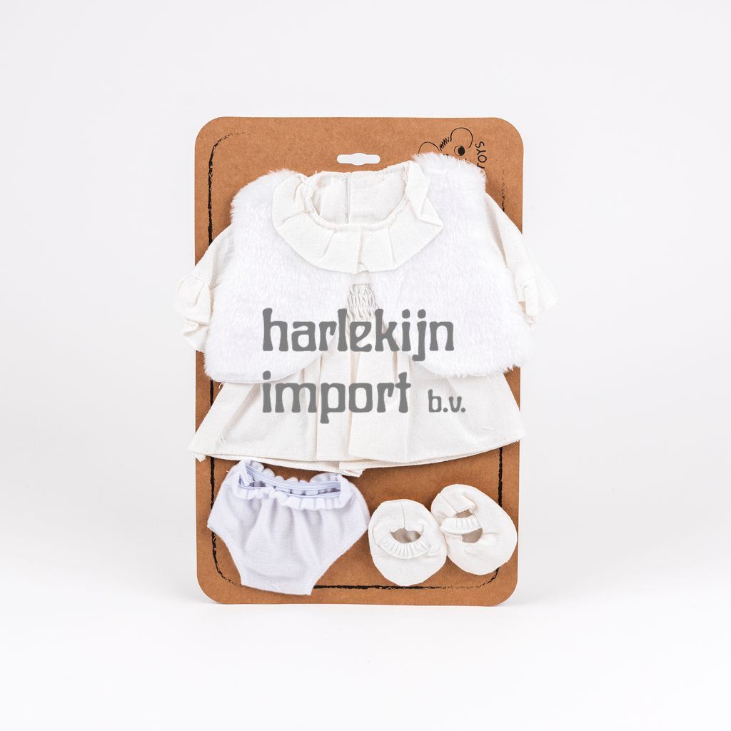 Poppen:Witte Jurk/Witte Jas. 4 delig. 2+