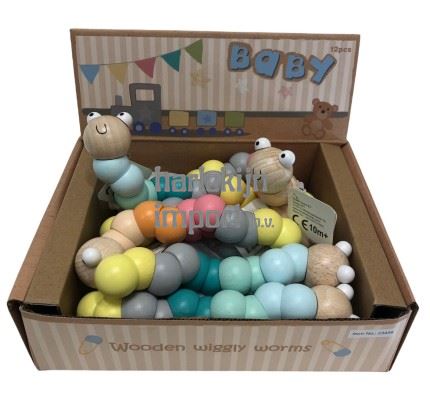 Houten Wiggly worm. Pastelkleur. 3+