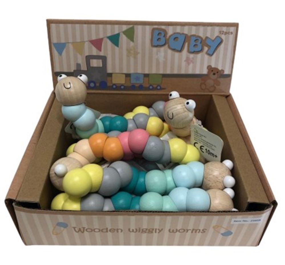 Houten Wiggly worm. Pastelkleur. 3+